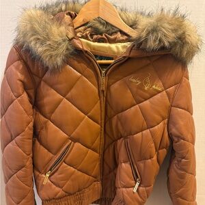 Baby Phat Tan Quilted Leather Jacket with Faux Fur Trim 1990’s